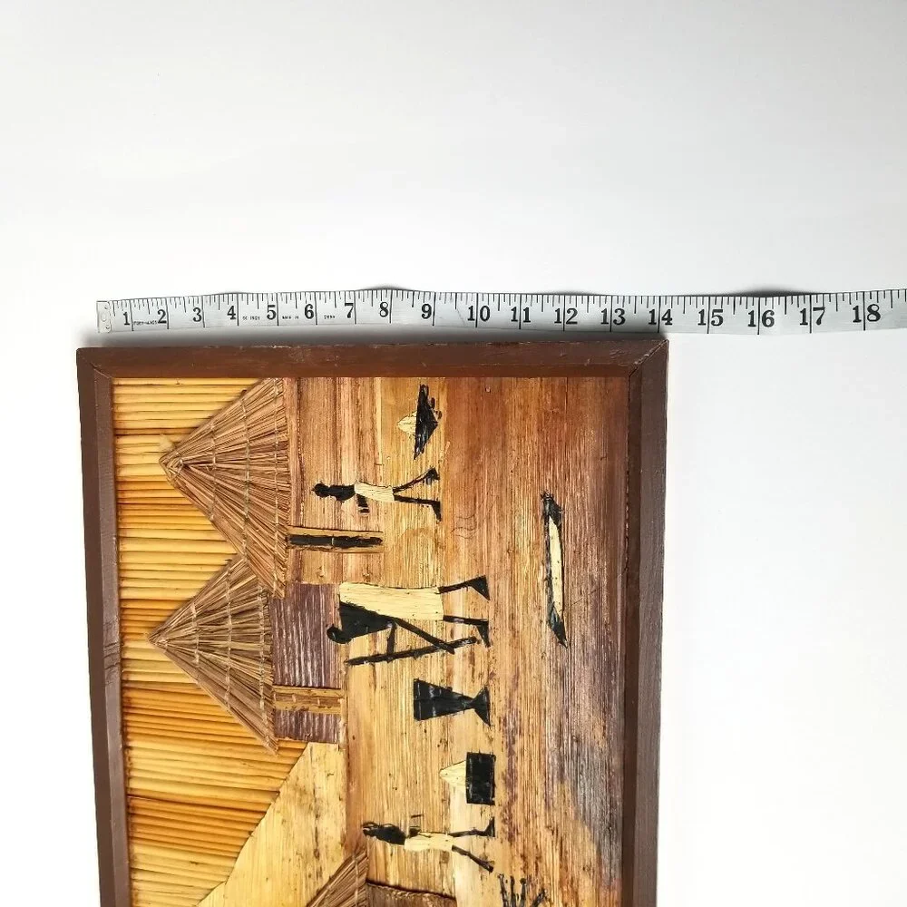 African Wall Art Bamboo Village Scene Framed Handmade Boho Global Decor 18x14